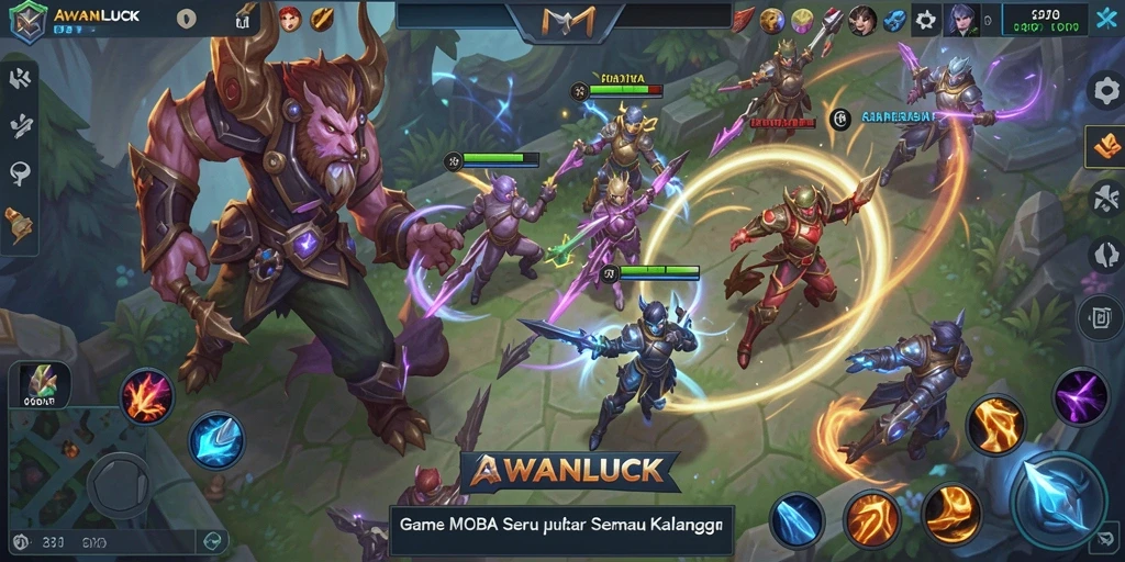Screenshot utama AWANLUCK menampilkan aksi pertempuran MOBA yang mendebarkan.