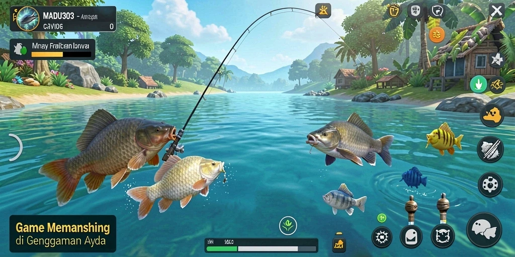 Gameplay MADU303 yang menarik dan mendebarkan saat memancing.