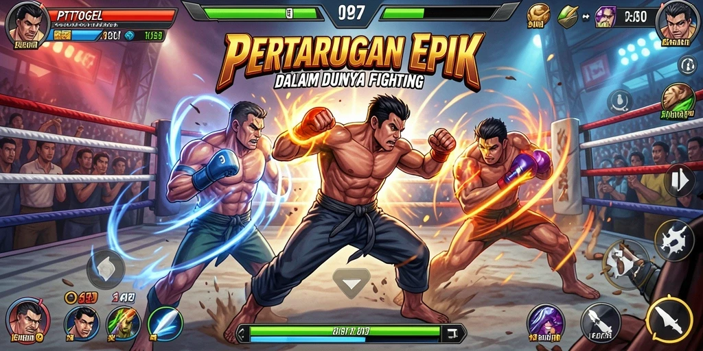 Tampilan atraktif dari gameplay Fighting PTTOGEL saat bertarung di arena.