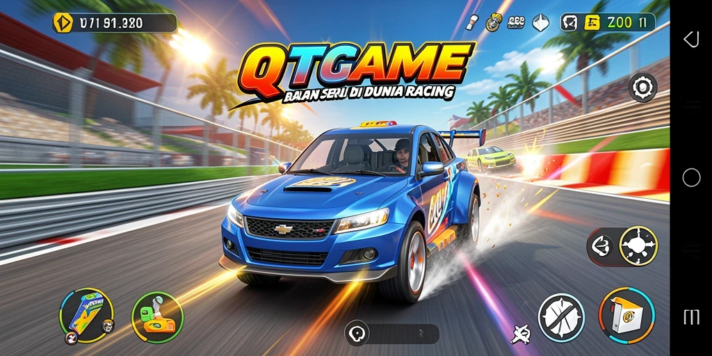 Gameplay QTGAME yang mendebarkan dengan mobil balap terkustomisasi.