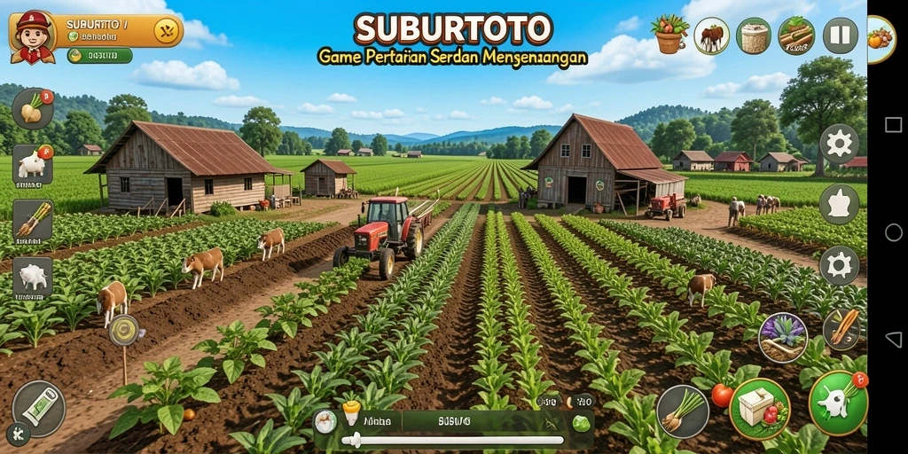 Tampilan gameplay SUBURTOTO dengan aktivitas pertanian yang menarik.